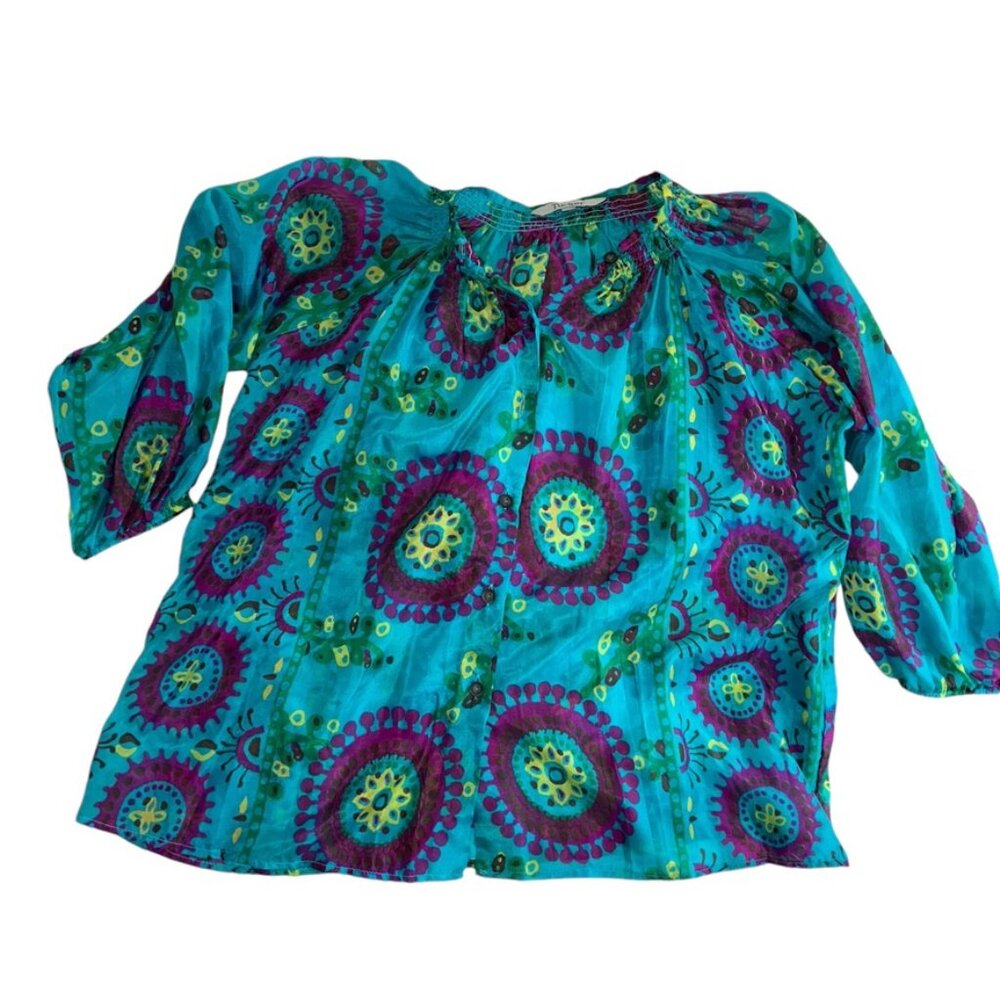 tucker as new SILK blue purple batik Indonesian print tunic top M